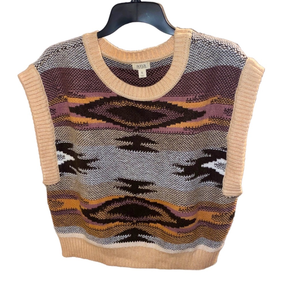 a.n.a. Sweater Knit Vest Boho Dolman Sleeves Crew Neck Aztec Print Size XL